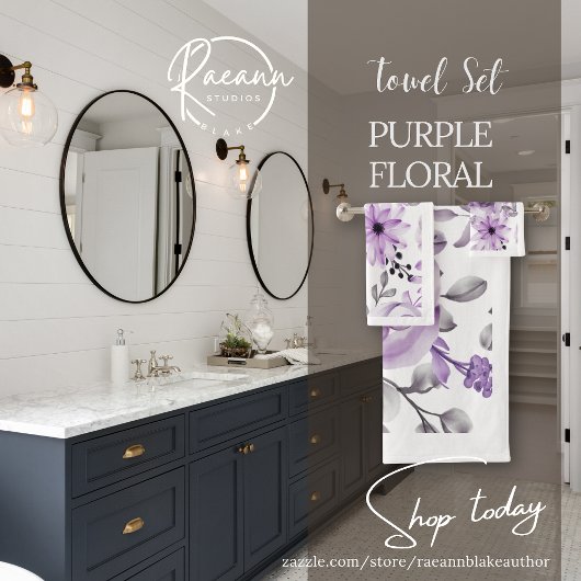 Paars en wit bloemen badkamer handdoeken set