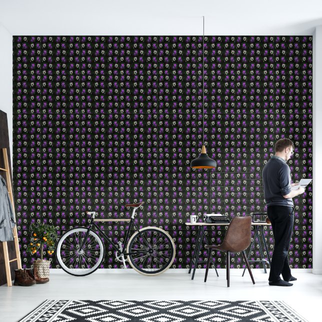 Paars en wit bloemmotief behang (Woonkamer)