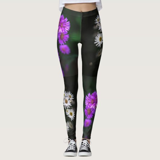 Paars en wit bloemmotief leggings (Voorkant)