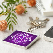 Paars en wit Damask Monogrammed Sleutelhanger (Zijkant)