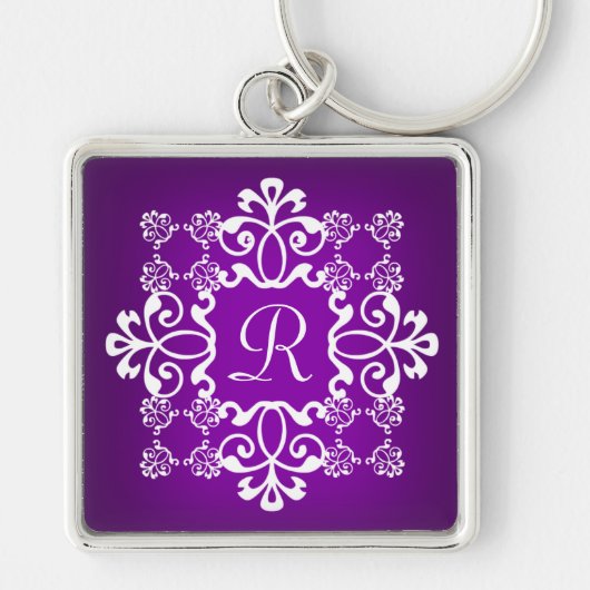 Paars en wit Damask Monogrammed Sleutelhanger (Voorkant)