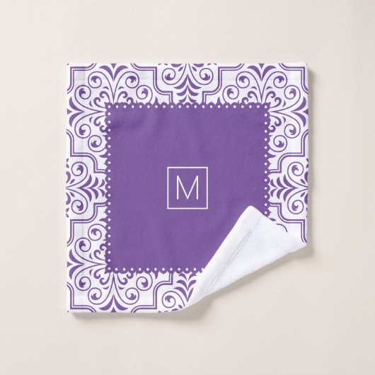 Paars en wit demaspatroon, gescallopeerde randen bad handdoek (Wasdoekje)