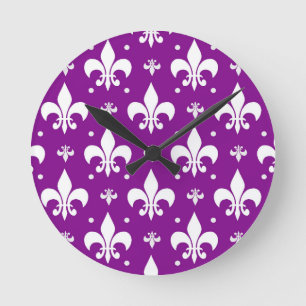 Paars en wit Fleur-de-lis ontwerp Ronde Klok