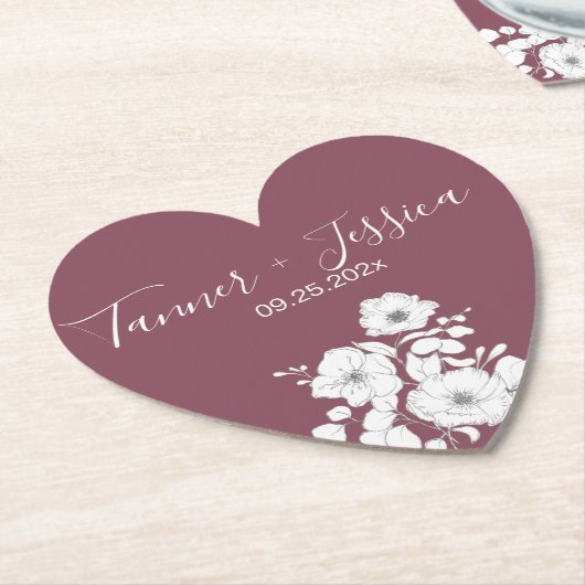 Paars en wit Floral Wedding Heart Kartonnen Onderzetters (Gekanteld)