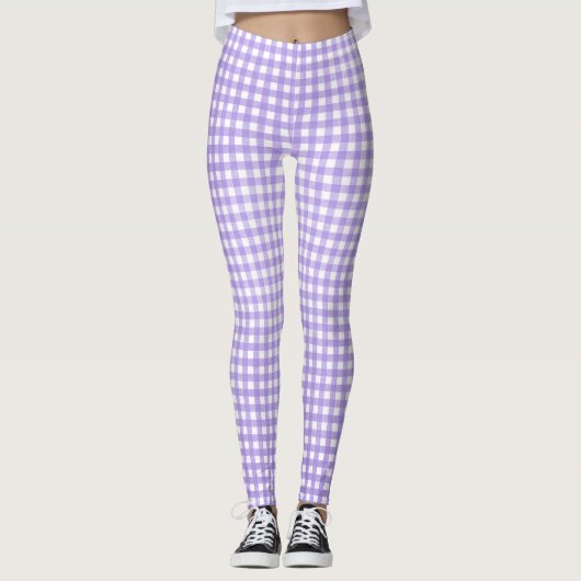 paars en wit gingham patroon leggings (Voorkant)