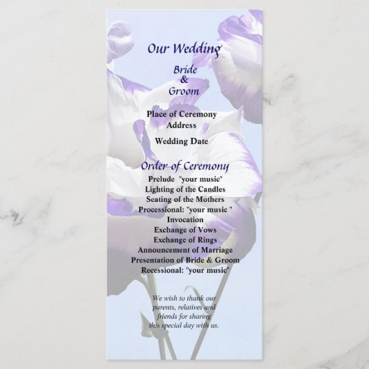 Paars en wit lisianthus-huwelijksprogramma programmakaart (Voorkant)