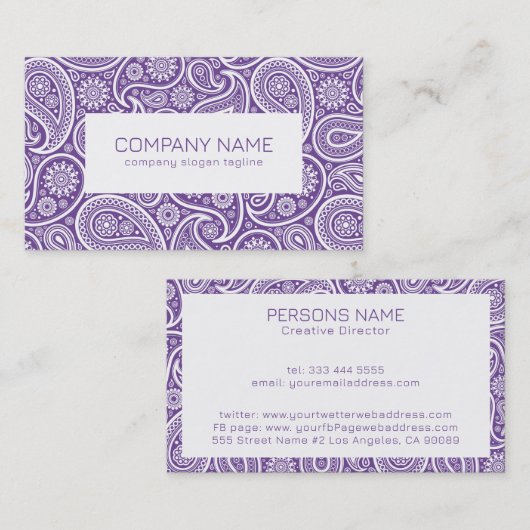 Paars en wit  paisleypatroon visitekaartje (Voorkant / Achterkant)