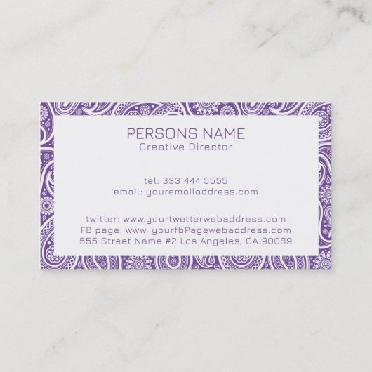 Paars en wit  paisleypatroon visitekaartje (Achterkant)