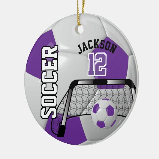 ⚽ Paars en Wit Personaliseer Voetbal Keramisch Ornament (Links)