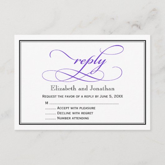 Paars en wit script bruiloft antwoordkaart RSVP kaartje (Voorkant)