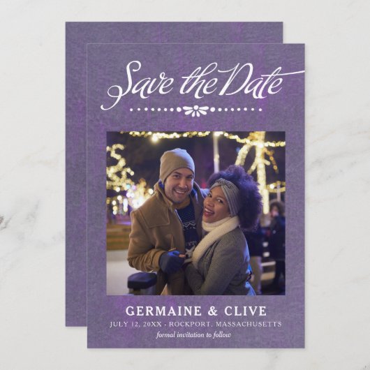 Paars en Wit sparen de Kaart van de Datum met Foto (Voorkant / Achterkant)