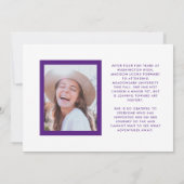 Paars en witte gefeliciteerd afstudeerfoto afstude aankondiging (Achterkant)