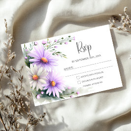 Paars en Witte Margrieten Huwelijk RSVP Kaartje