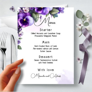 Paars en Zilver Bloemig Thema Ivory  Menu