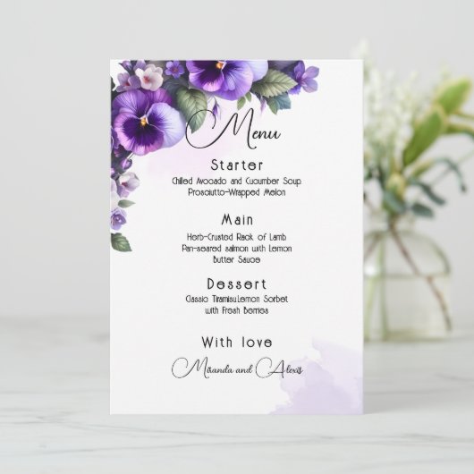 Paars en zilver bloemmotief op ivoor menu (Staand voorkant)