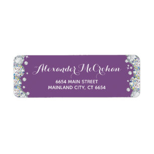 Paars en zilver Diamond Glitter Return Address Etiket