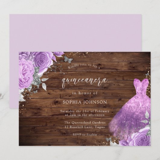 Paars en zilver dress Roos Rustic Wood Quinceanera Kaart (Voorkant / Achterkant)