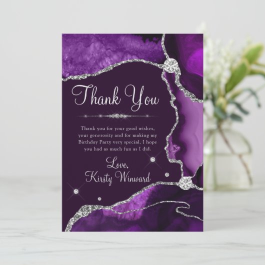 Paars en zilver Faux Glitter Agate Birthday Bedankkaart (Staand voorkant)