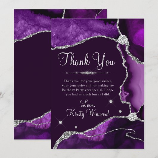 Paars en zilver Faux Glitter Agate Birthday Bedankkaart (Voorkant / Achterkant)