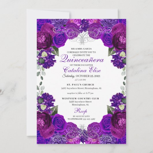 Paars en zilver Floral Quinceanera Birthday Kaart (Voorkant)