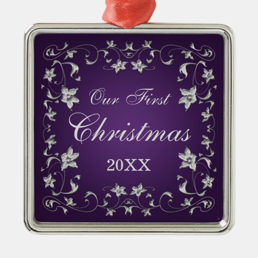 Paars en zilver Floral Wedding Keepomwille Ornamen Metalen Ornament (Voorkant)