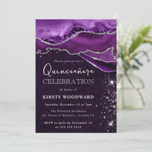 Paars en zilver Glitter Agate Quinceanera Kaart (Staand voorkant)