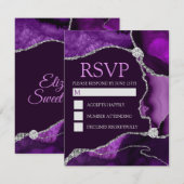 Paars en zilver Glitter Agate Sweet Sixteen RSVP Kaartje (Voorkant / Achterkant)