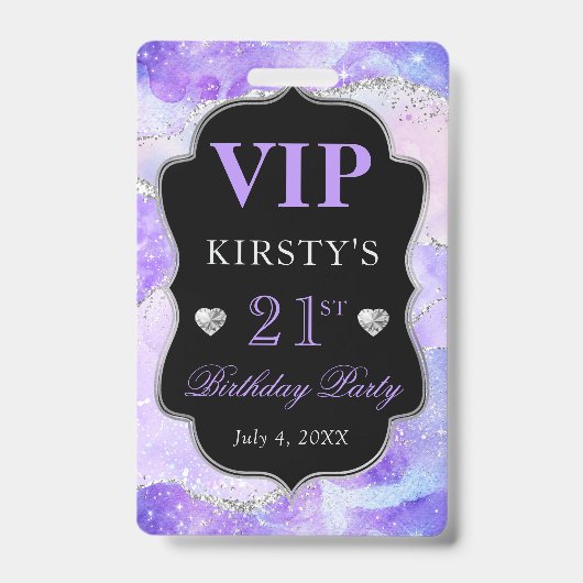 Paars en Zilver Glitter Agate Verjaardag VIP Badge (Voorzijde)
