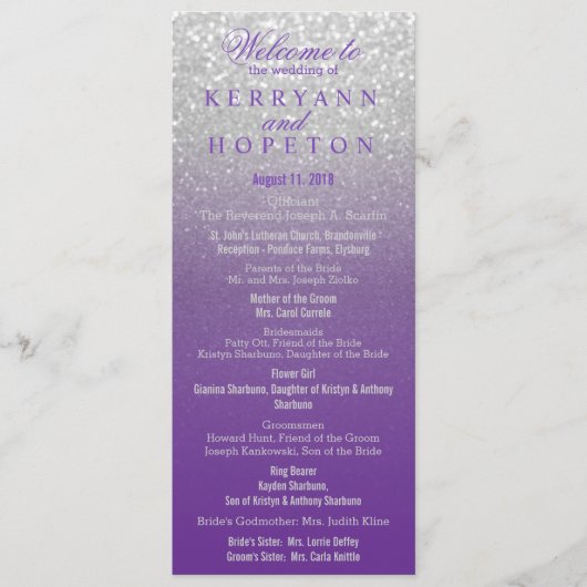 Paars en zilver Glitter-programma Programmakaart (Voorkant)