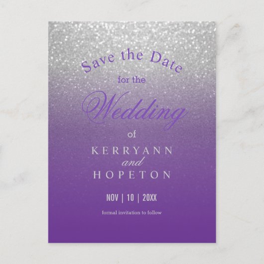 Paars en Zilver Glitters - Bewaar de Datum Aankondigingskaart (Voorkant)