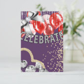 Paars en zilver met rode ballonnen kaart (Staand voorkant)