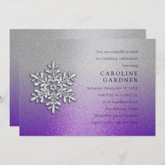 Paars en zilver met Snowflake Winter Birthday Kaart (Voorkant / Achterkant)