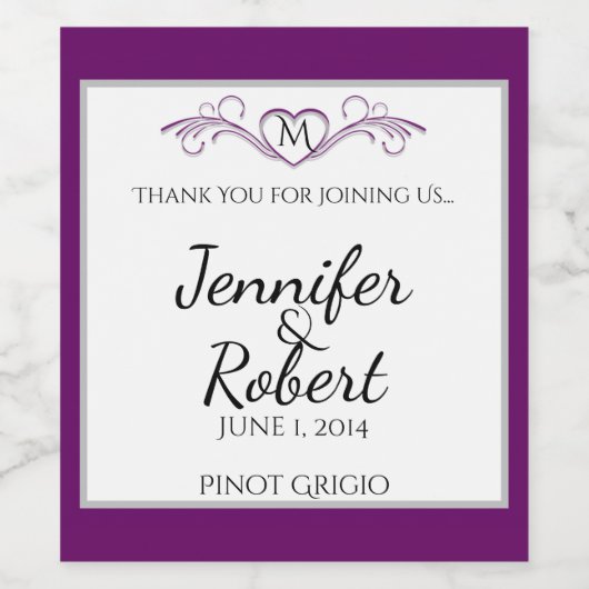 Paars en zilver Monogram Wijnlabel met schuifwiel Wijn Etiket (Enkel label)