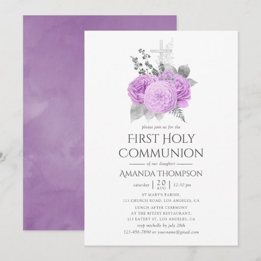 Paars en Zilver  Roos Heilige Communie Kaart (Voorkant / Achterkant)