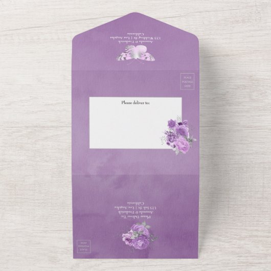 Paars en zilver Roos Wedding All In One Uitnodiging (Buitenkant)