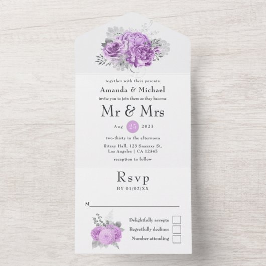 Paars en zilver Roos Wedding All In One Uitnodiging (Binnen)