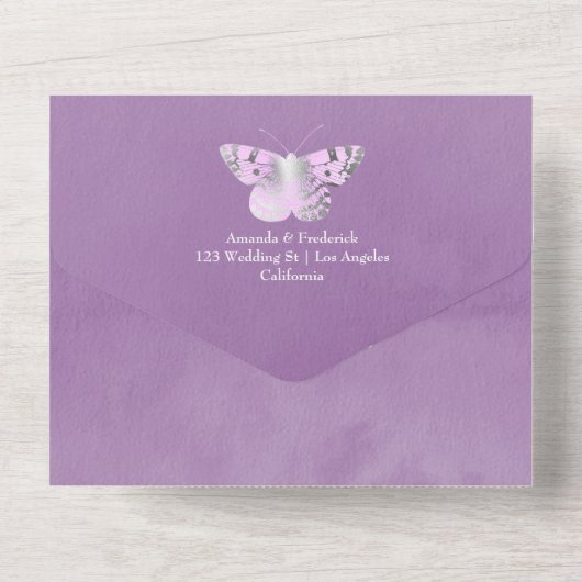 Paars en zilver  Roos Wedding All In One Uitnodiging (Achterkant)