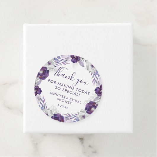 Paars en Zilver Waterverf Bloem Bruidsdouche Bedankjes Labels (In situ)