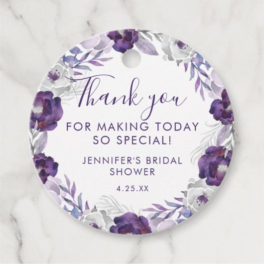 Paars en Zilver Waterverf Bloem Bruidsdouche Bedankjes Labels (Voorkant)