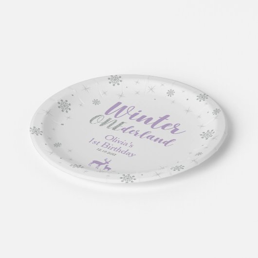 Paars en zilver, Winter Wonderland Birthday Party Papieren Bordje (Gekanteld)