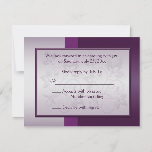 Paars en zilveren bloemmotief met zilveren hart RS RSVP Kaartje (Achterkant)