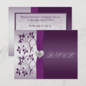 Paars en zilveren bloemmotief met zilveren hart RS RSVP Kaartje (Voorkant / Achterkant)