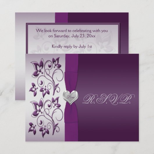 Paars en zilveren bloemmotief met zilveren hart RS RSVP Kaartje (Voorkant / Achterkant)