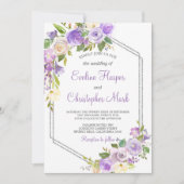 Paars en zilveren kader bloemige watercolor huweli kaart (Voorkant)