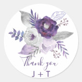 Paars en Zilveren Waterverf Floral Wedding Ronde Sticker (Voorkant)