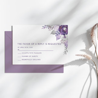 Paars en Zilveren Waterverf Floral Wedding RSVP Kaartje