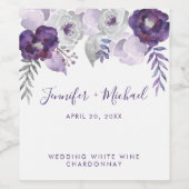 Paars en Zilveren Waterverf Floral Wedding Wijn Etiket (Enkel label)