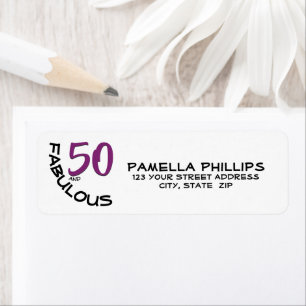Paars en zwart "50 en Fabulous" retouradres Etiket