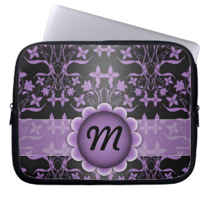 Paars en zwart damast monogram laptop sleeve