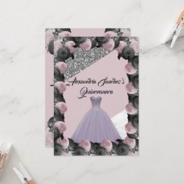 Paars en zwart Glitter Floral Quinceanera Kaart